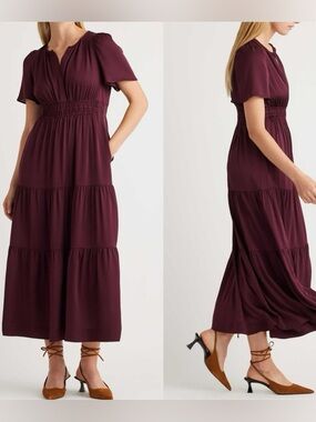 Quince ‘Washable Stretch Silk Tiered Maxi Dress’ Wine red
